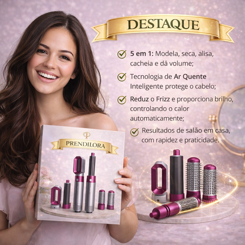 PRENDILORA – Modelador e Escova Multifuncional de Cabelo 5 EM 1